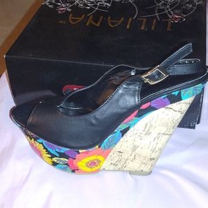 Peep toe sling back cork wedges